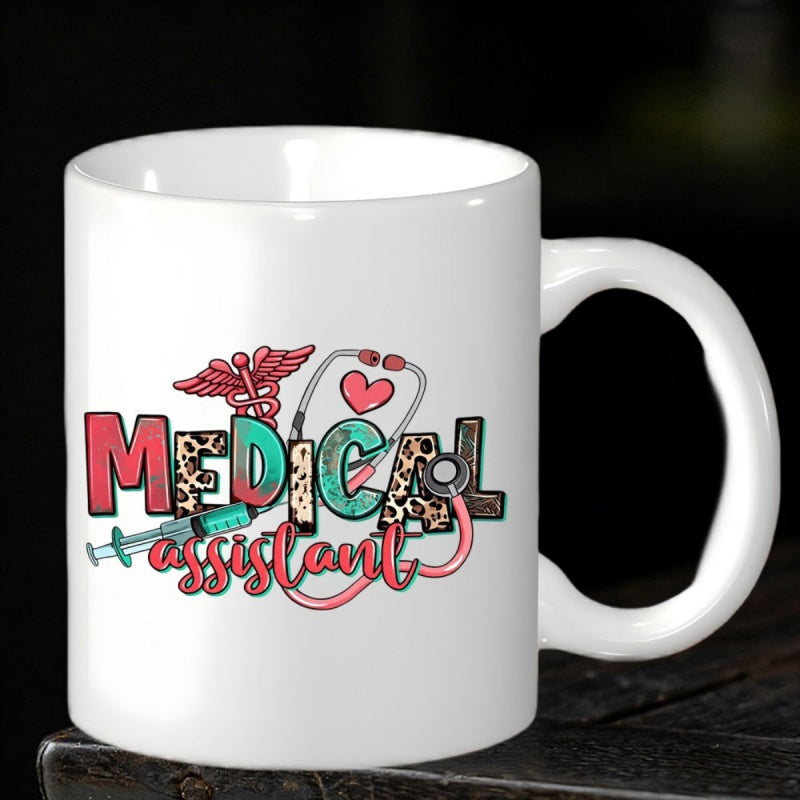 Tailorly White Ceramic 11 oz Mug - Medical Assistant Vintage Medical Symbols With Syringe And Stethoscope Among Leopard Print Mug