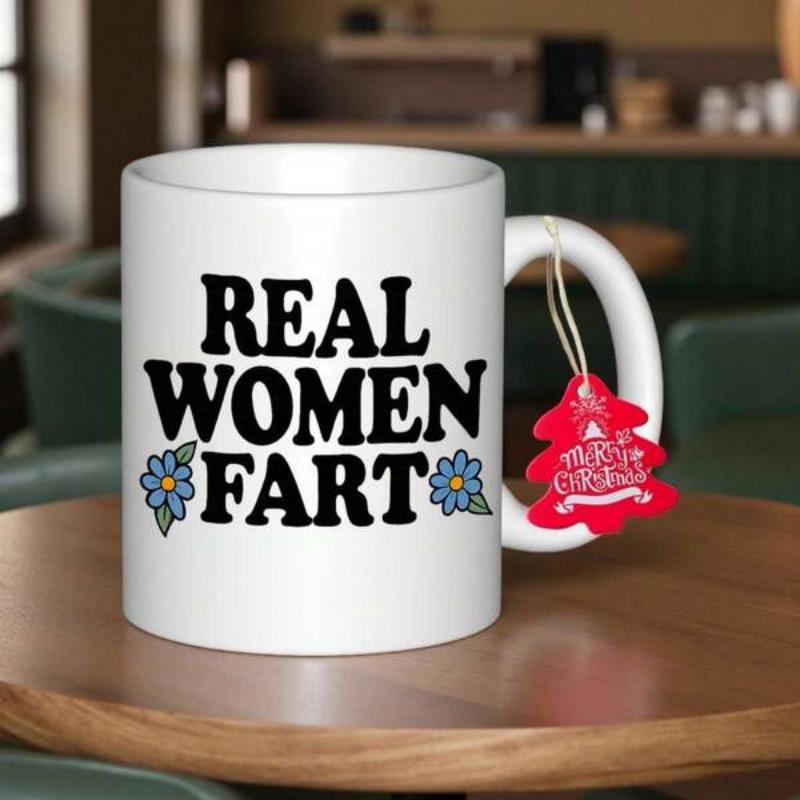 Tailorly White Ceramic 11 oz Mug - Real Women Fart Merry Christmas Delicate Blue Flowers Blooming Beside Bold Retro Groovy Stylized Typography Mug