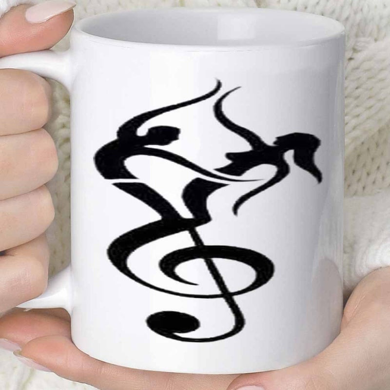 Tailorly White Ceramic 11 oz Mug - Elegant Black Silhouette Integrated Treble Clef Music Note Featuring Graceful Romantic Dancers