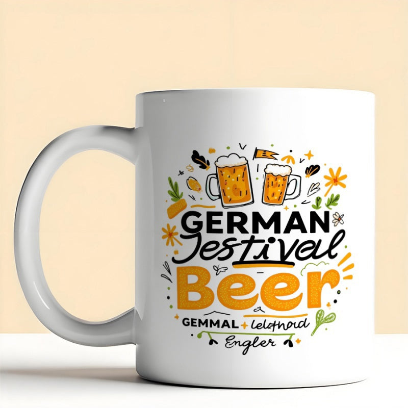 Tailorly White Ceramic 11 oz Mug - German Festival Beer Two Foaming Mugs Among Golden Flowers And Artistic Festive Doodles Beer