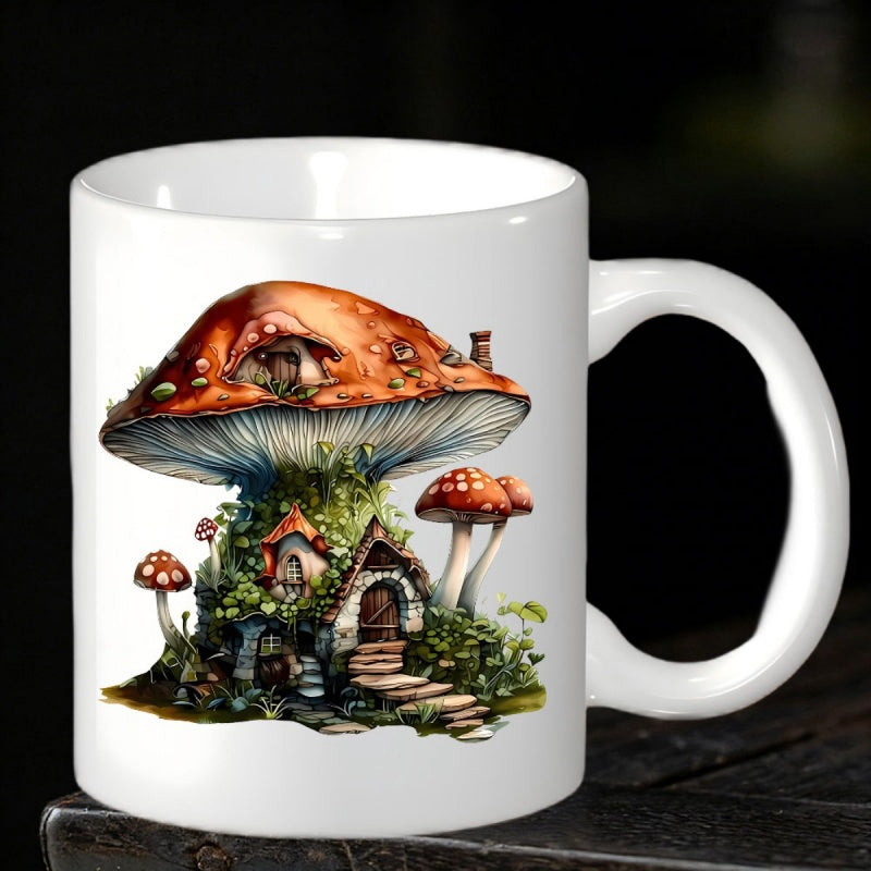 Tailorly White Ceramic 11 oz Mug - Enchanting Fairy Tale Cottage Nestled Inside A Large Whimsical Forest Mushroom