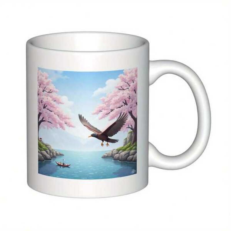 Tailorly White Ceramic 11 oz Mug - Serene Lake Surrounded By Pink Cherry Blossom Trees And Flying Bird