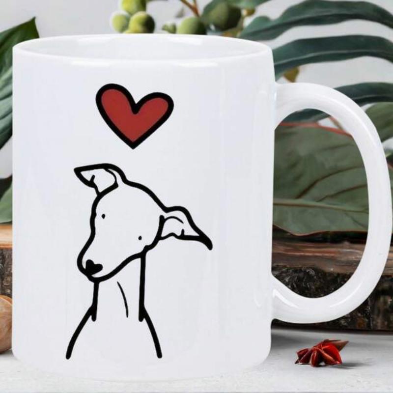Tailorly White Ceramic 11 oz Mug - Simple Minimalist Line Art With Small Red Heart Above The Head Dog