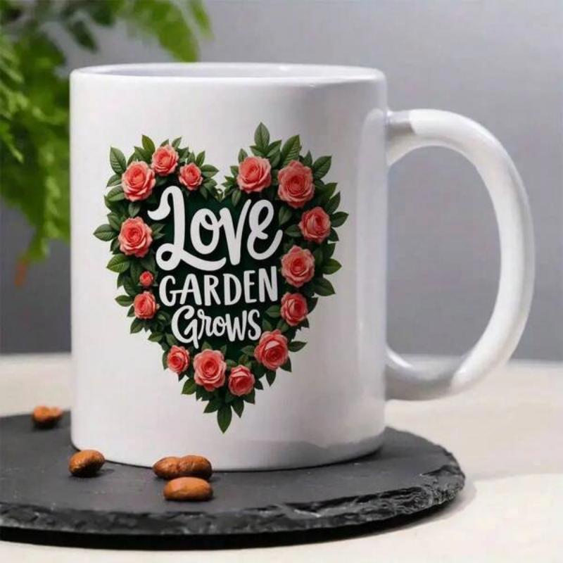 Tailorly White Ceramic 11 oz Mug - Love Garden Grows Beautiful Pink Roses Arranged In A Romantic Floral Heart Shape Heart