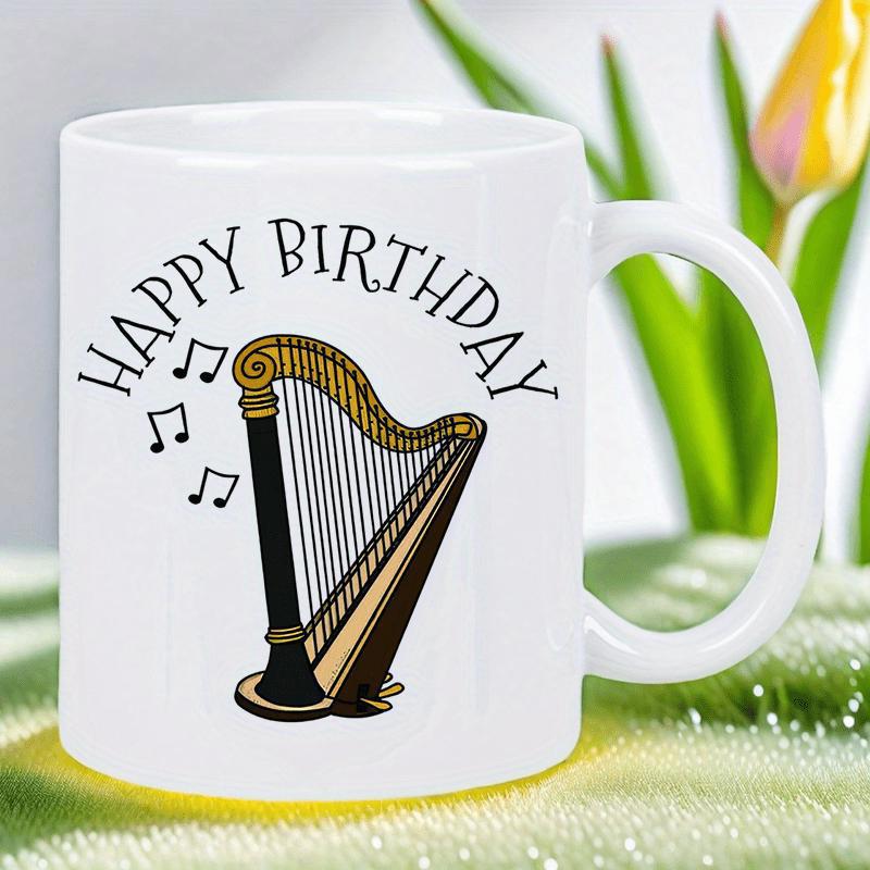 Tailorly White Ceramic 11 oz Mug - Happy Birthday Elegant Golden Strings Musical Instrument With Floating Notes Harp