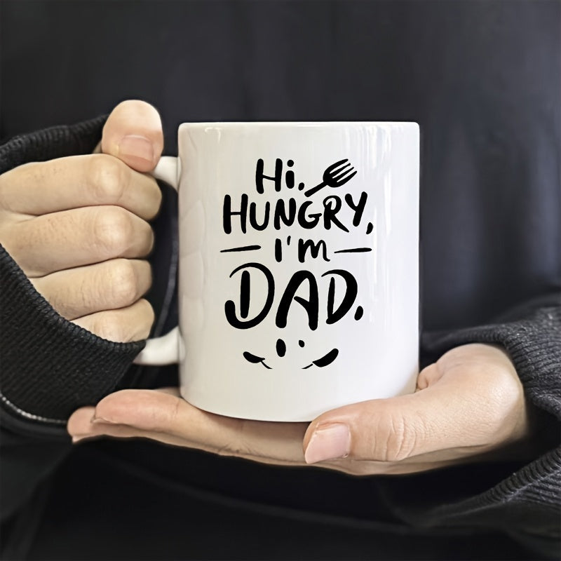 Tailorly White Ceramic 11 oz Mug - Hi Hungry Im Dad Stylized Kitchen Utensils With Fork And Knife Elements In Playful Typography Mug