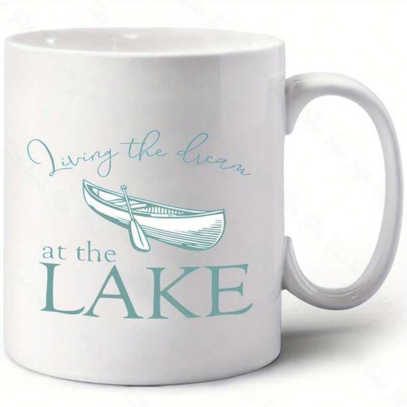 Tailorly White Ceramic 11 oz Mug - Living The Dream At The Lake Serene Hand Drawn Illustration Floating Quietly Above Gentle Ripples Canoe