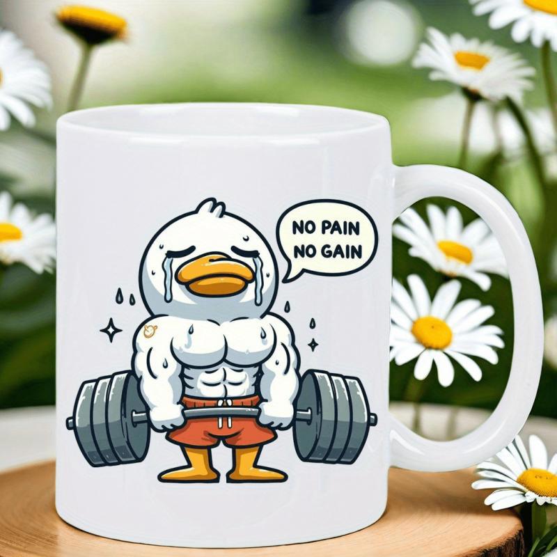 Tailorly White Ceramic 11 oz Mug - No Pain No Gain Strong Muscular White Duck Lifting Heavy Barbell In Red Shorts Duck