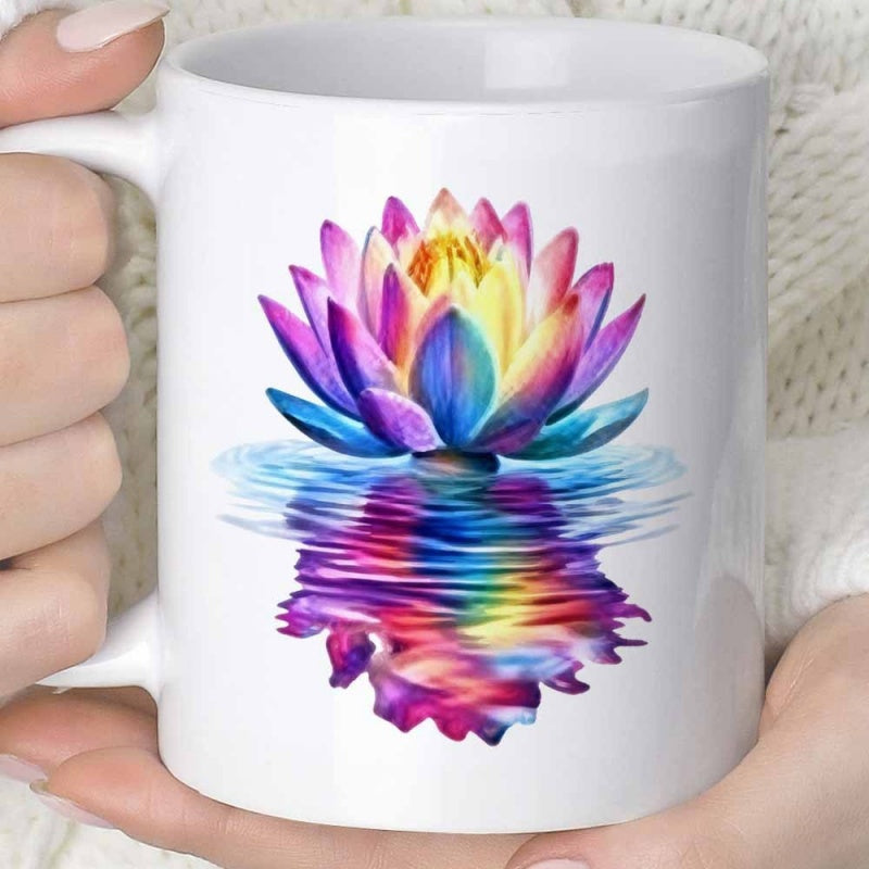 Tailorly White Ceramic 11 oz Mug - Vibrant Colorful Petals Floating Over Gentle Rippling Water Reflection Lotus