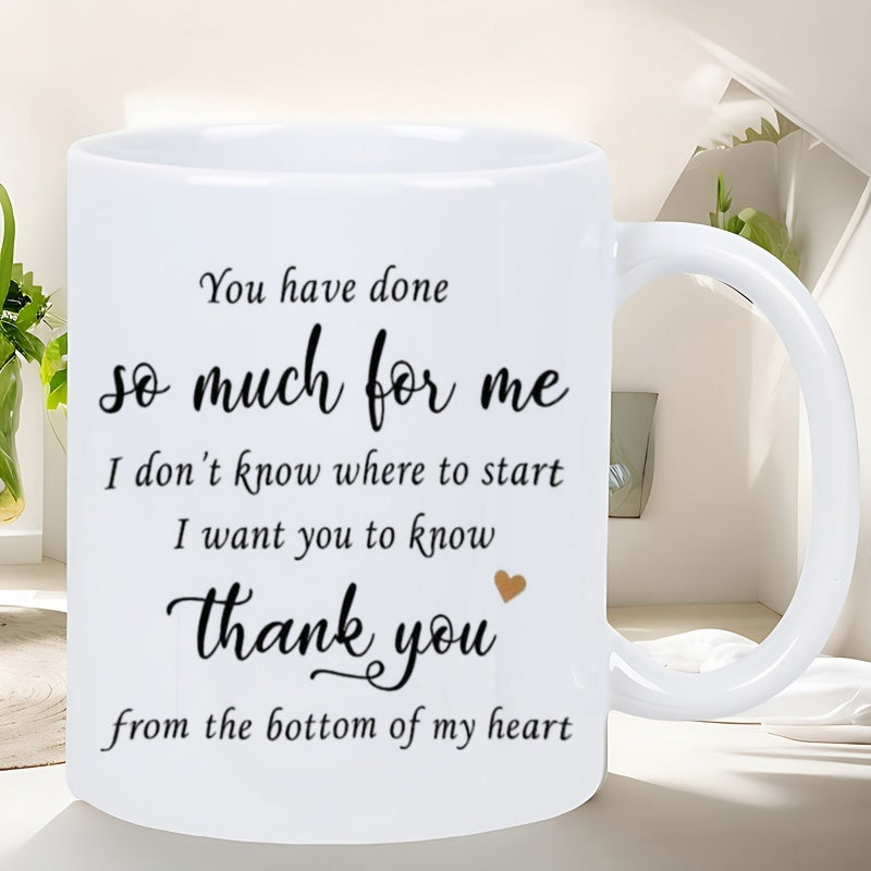 Tailorly White Ceramic 11 oz Mug - Thank You From The Bottom Of My Heart Simple Golden Heart Floating Beside Elegant Script Typography On White Surface Mug