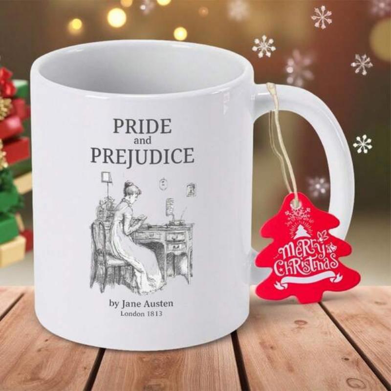 Tailorly White Ceramic 11 oz Mug - Pride And Prejudice Jane Austen London Vintage Hand Drawn Sketch Of Regency Woman Writing At Desk Illustration