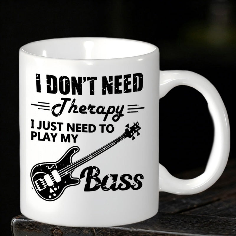 Tailorly White Ceramic 11 oz Mug - I Don't Need Therapy I Just Need To Play My Bass Distressed Black Electric Guitar Silhouette With Four Strings And Retro Style