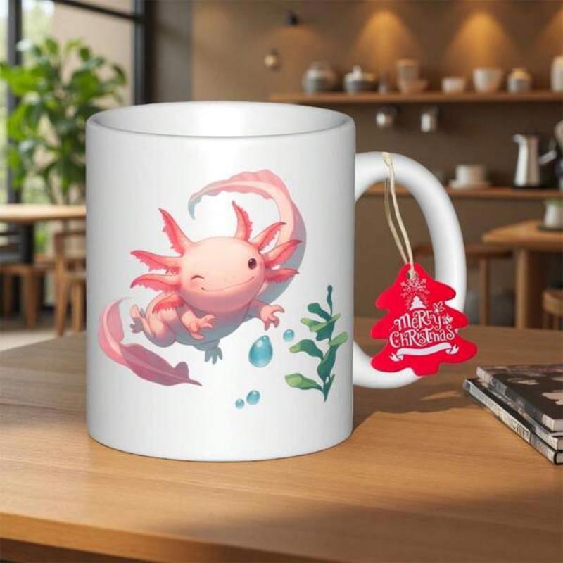 Tailorly White Ceramic 11 oz Mug - Merry Christmas Cute Pink Aquatic Creature Swimming Among Bubbles And Green Seaweed Axolotl