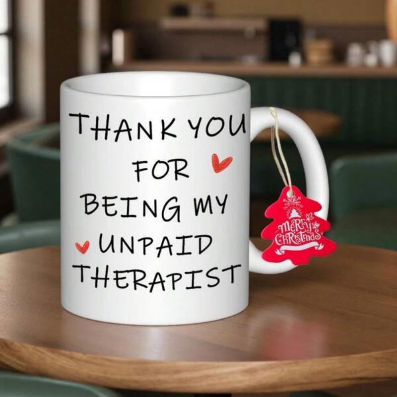 Tailorly White Ceramic 11 oz Mug - Thank You For Being My Unpaid Therapist Simple Minimalist Style Script With Small Vibrant Red Floating Hearts Heart
