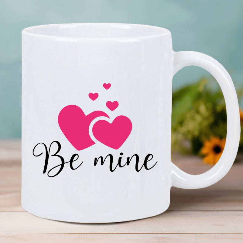 Tailorly White Ceramic 11 oz Mug - Be Mine Vibrant Pink Intertwined Hearts Floating With Smaller Romantic Symbols Heart