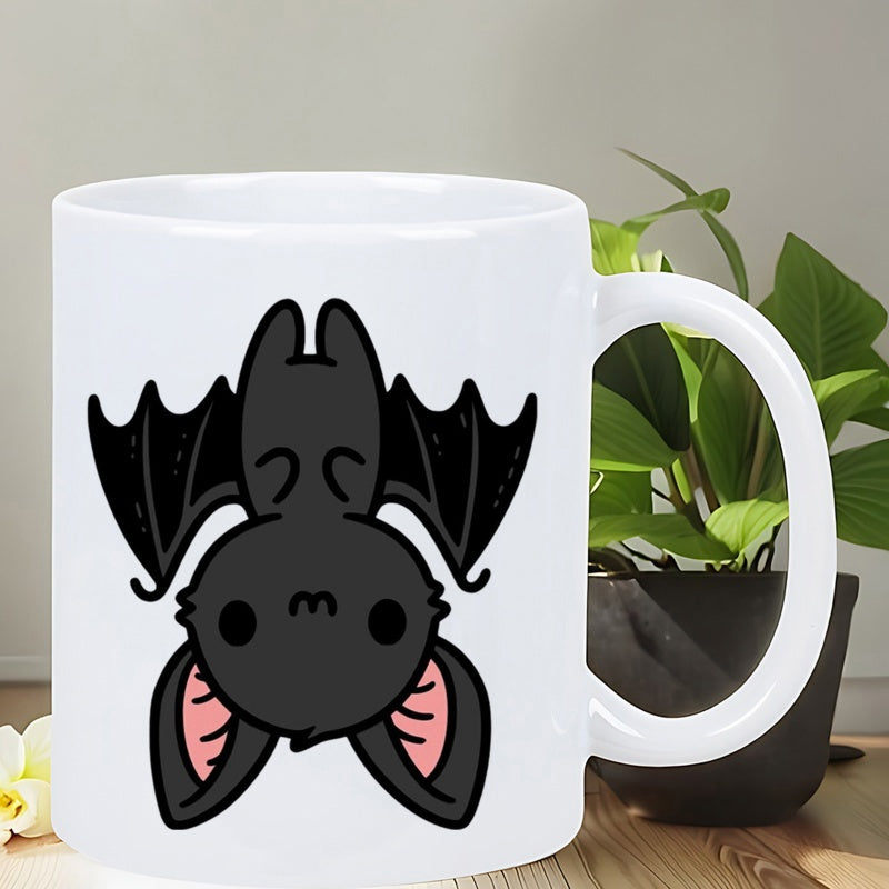 Tailorly White Ceramic 11 oz Mug - Cute Hanging Upside Down Stylized Black Animal With Large Pink Ears Bat