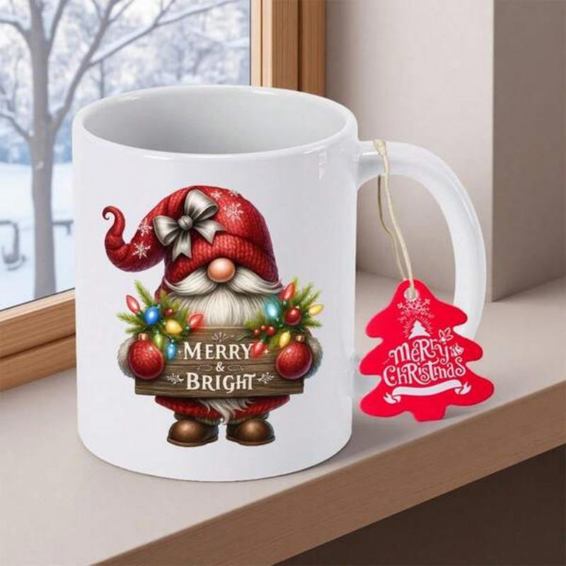 Tailorly White Ceramic 11 oz Mug - Merry Bright Festive Holiday Dwarf Wearing Red Hat With Sparkling Lights And Ornaments Gnome