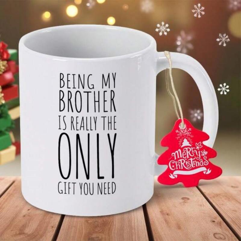 Tailorly White Ceramic 11 oz Mug - Being My Brother Is Really The Only Gift You Need Minimalist White Ceramic Vessel Displayed On Rustic Wooden Plank Background