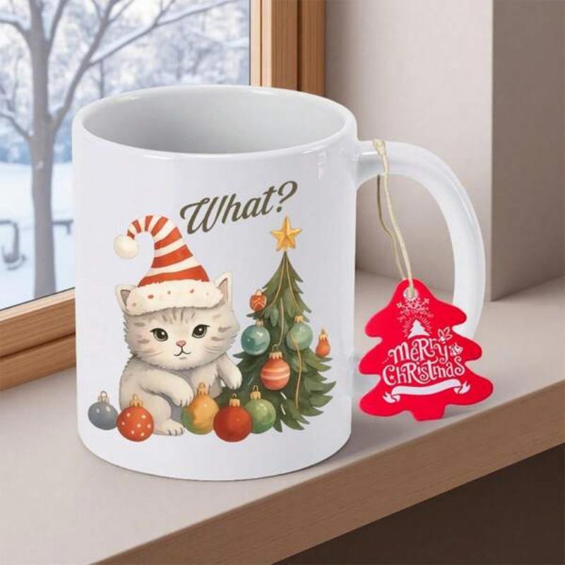 Tailorly White Ceramic 11 oz Mug - What Adorable Fluffy Kitten Wearing Festive Santa Hat Beside Decorated Holiday Tree Cat
