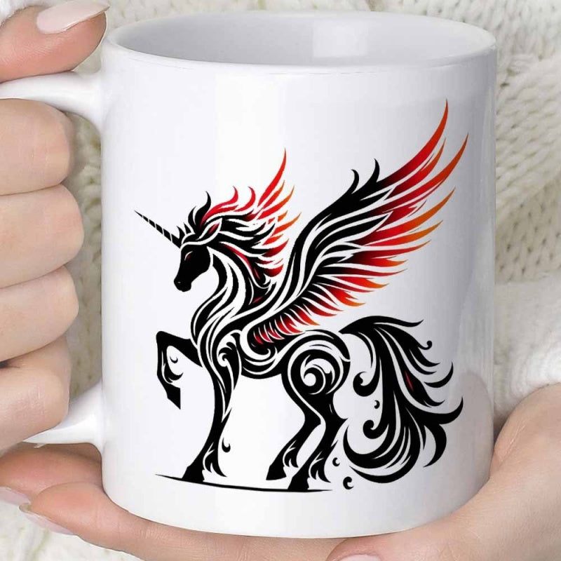 Tailorly White Ceramic 11 oz Mug - Tribal Style Black And Red Wings Spreading With Elegant Swirls Unicorn