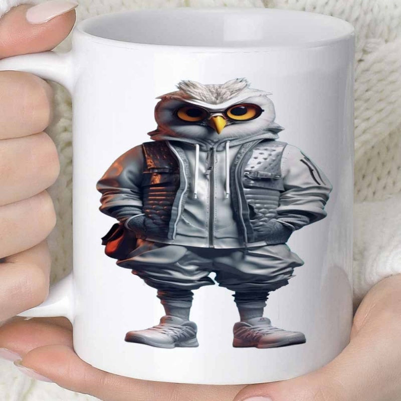 Tailorly White Ceramic 11 oz Mug - Cool Urban Streetwear Wearing Grey Hoodie And Tactical Vest Stance Owl