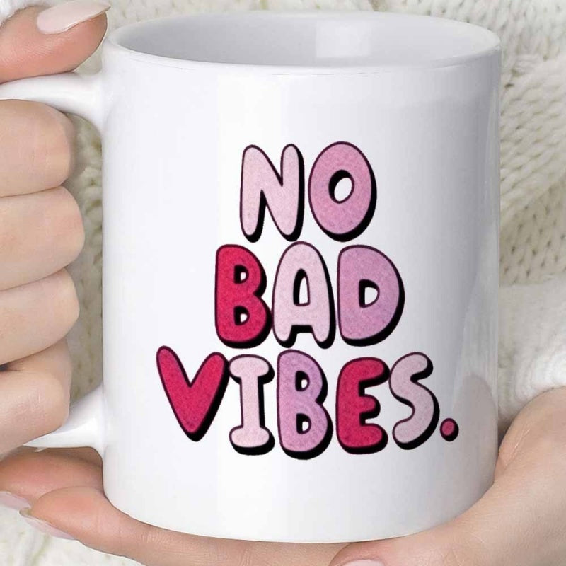 Tailorly White Ceramic 11 oz Mug - No Bad Vibes Bold Pink Retro Bubble Letters With Soft Black Outlines Mug
