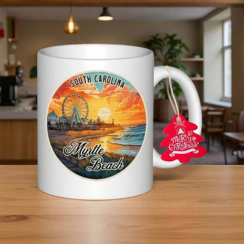 Tailorly White Ceramic 11 oz Mug - South Carolina Myrtle Beach Vibrant Sunset Sky Over Ocean With Distant Ferris Wheel Skyline