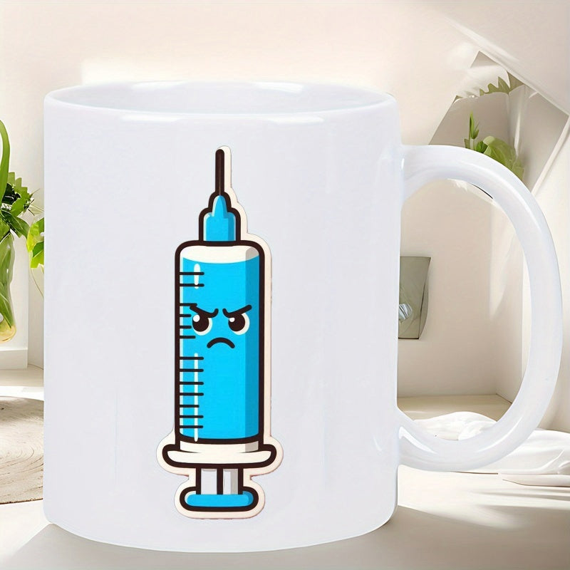 Tailorly White Ceramic 11 oz Mug - Blue Cartoon Medical Needle With Angry Expression Standing Vertically Alone Syringe