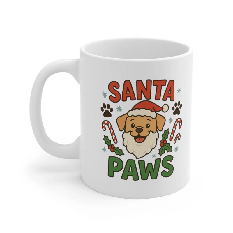 Tailorly White Ceramic 11 oz Mug - Santa Paws Cartoon Dog Wearing Santa Hat Surrounded By Candy Canes And Paw Prints Dog