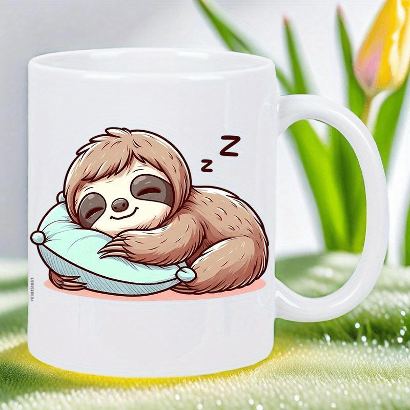 Tailorly White Ceramic 11 oz Mug - Adorable Brown Animal Resting Comfortably On Soft Blue Cushion With Peaceful Expression Sloth