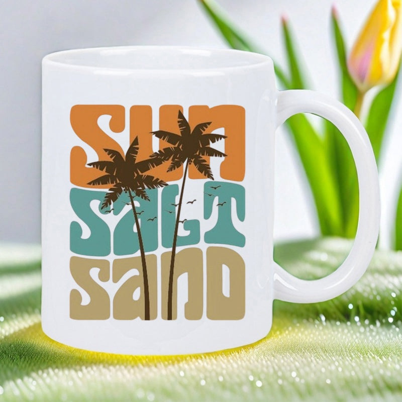 Tailorly White Ceramic 11 oz Mug - Sun Salt Sand Retro Style Tropical Beach Scene With Flying Birds And Tall Palm Tree