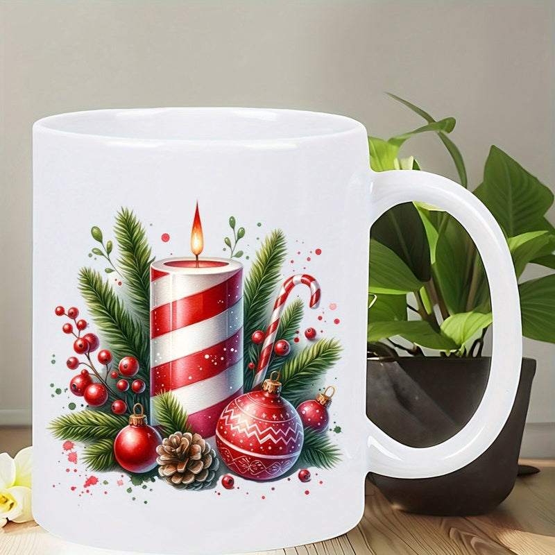Tailorly White Ceramic 11 oz Mug - Festive Holiday Arrangement With Red Berries Pine Branches And Shiny Baubles Candle