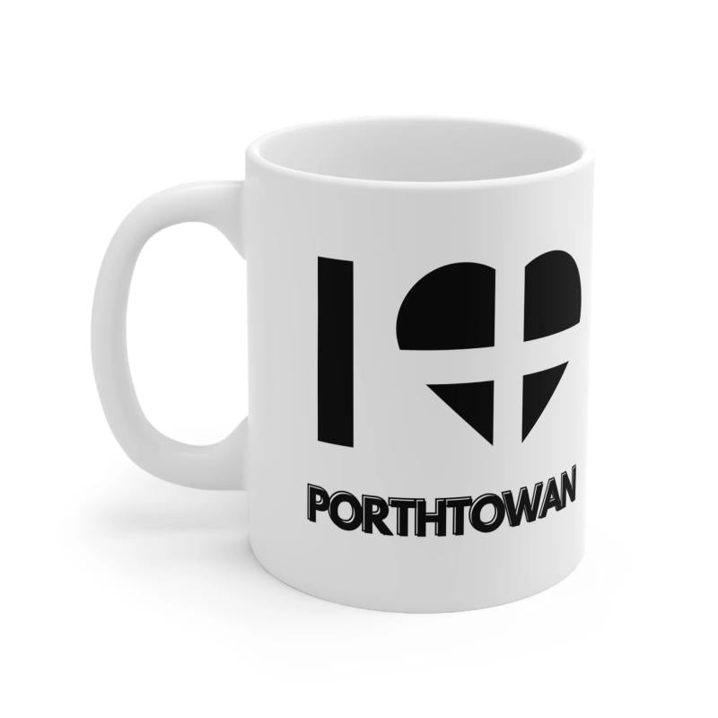 Tailorly White Ceramic 11 oz Mug - Porthtowan Simple Black Heart Shape Featuring White Cross Elements Representing Cornish Heritage Mug