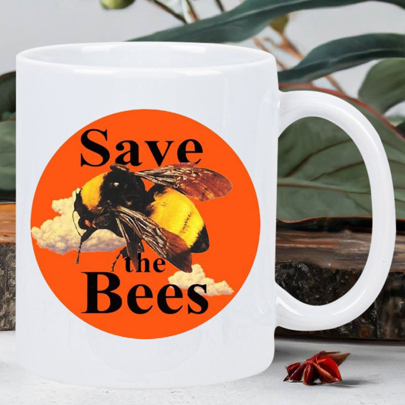 Tailorly White Ceramic 11 oz Mug - Save The Bees Vibrant Orange Circle Featuring A Realistic Flying Fluffy Yellow Bumblebee Bee