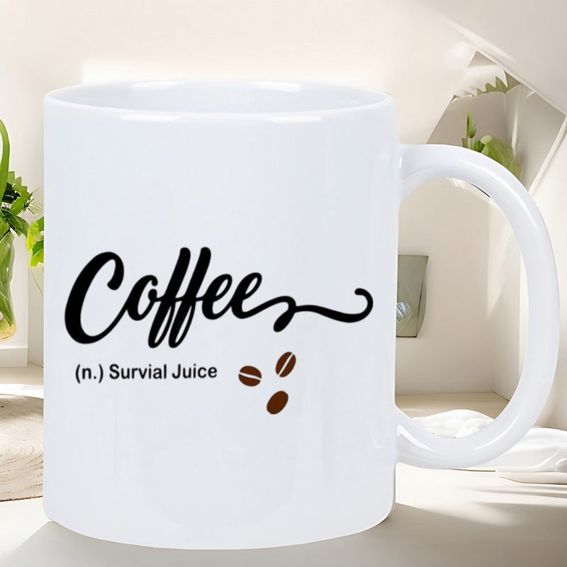 Tailorly White Ceramic 11 oz Mug - Coffee Survival Juice Artistic Minimalist Script With Three Roasted Brown Beans On Ceramic Mug