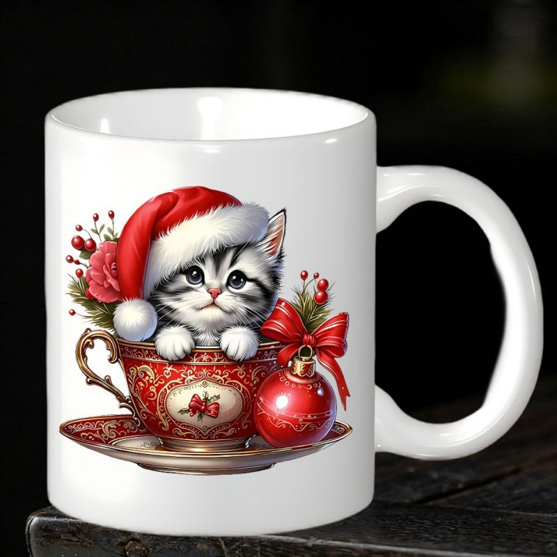 Tailorly White Ceramic 11 oz Mug - Adorable Fluffy Gray Tabby Wearing Festive Red Santa Hat Inside Vintage Cup Kitten