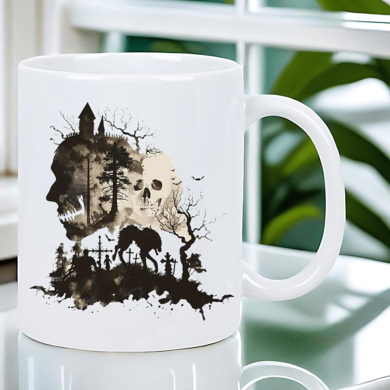 Tailorly White Ceramic 11 oz Mug - Spooky Gothic Silhouette With Haunted House And Cemetery Skull Scene