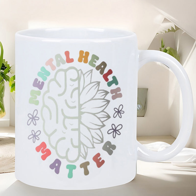 Tailorly White Ceramic 11 oz Mug - Mental Health Matters Artistic Illustration With Human Brain Merged Into Sunflower Petals Mug