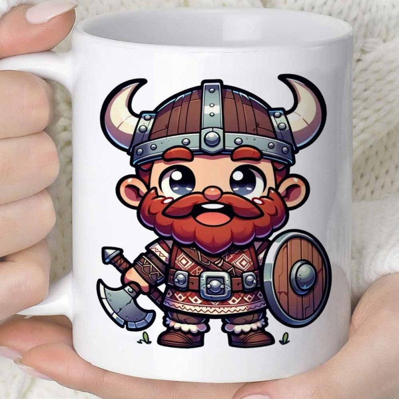Tailorly White Ceramic 11 oz Mug - Brave Cartoon Warrior With Horned Helmet Holding Axe And Shield Viking