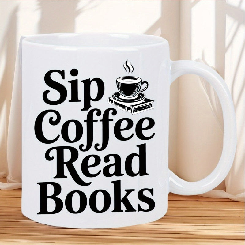 Tailorly White Ceramic 11 oz Mug - Sip Coffee Read Books Minimalist Black Line Drawing Of Steaming Cup Resting On Books Mug
