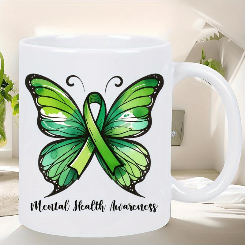 Tailorly White Ceramic 11 oz Mug - Mental Health Awareness Delicate Green Watercolor Wings Integrated With Support Ribbon Symbolic Butterfly