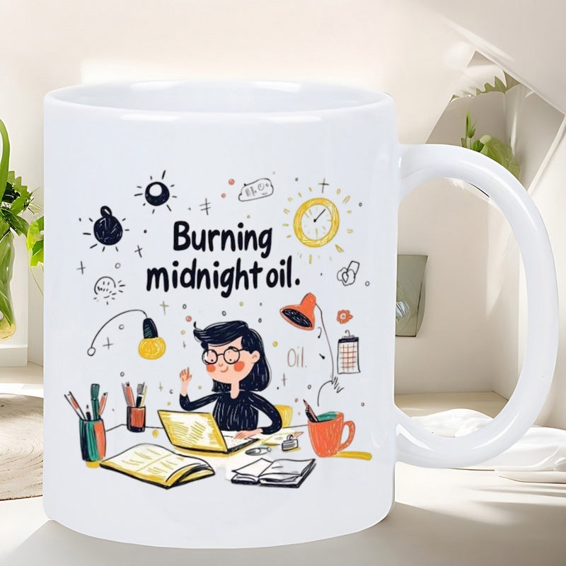 Tailorly White Ceramic 11 oz Mug - Burning Midnight Oil Diligent Woman Working At Desk With Laptop And Bright Desk Lamp Woman