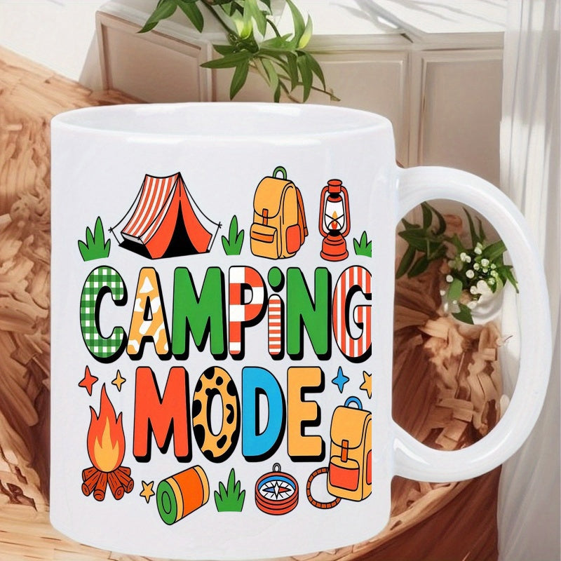 Tailorly White Ceramic 11 oz Mug - Camping Mode Vibrant Hand Drawn Outdoor Icons Featuring Backpacks Lanterns And Cozy Tent