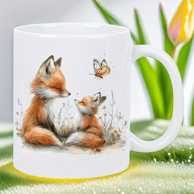 Tailorly White Ceramic 11 oz Mug - Watercolor Scene Of Mother And Little Cub Watching A Butterfly Fox