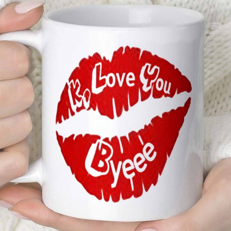 Tailorly White Ceramic 11 oz Mug - K Love You Byeee Bold Red Vibrant Lipstick Mark Using Stylized Script Lips