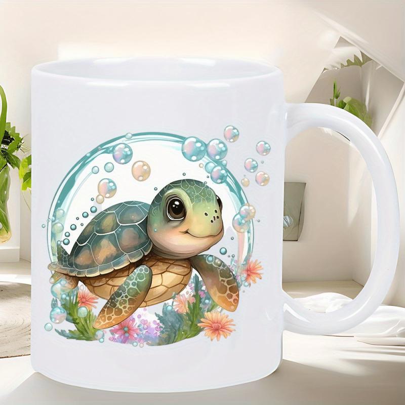 Tailorly White Ceramic 11 oz Mug - Cute Tiny Sea Swimming Inside Clear Bubbles Near Colorful Coral Turtle
