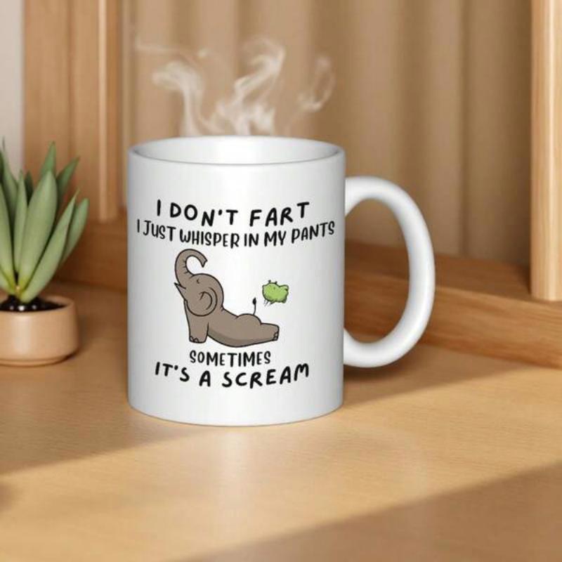 Tailorly White Ceramic 11 oz Mug - I Don't Fart I Just Whisper In My Pants Sometimes It's A Scream Humorous Grey Cartoon Elephant Performing Yoga Cobra Pose With