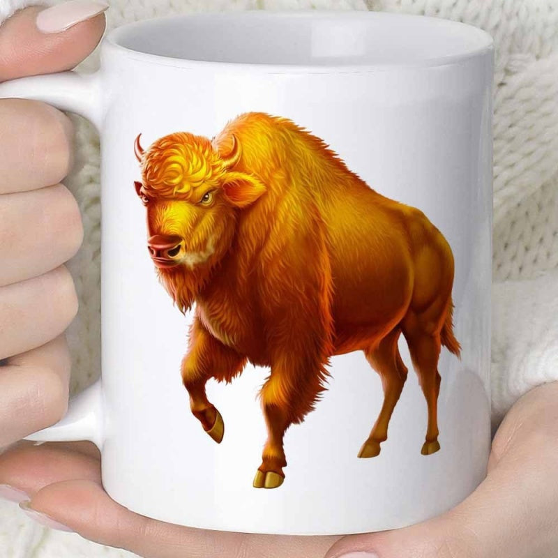Tailorly White Ceramic 11 oz Mug - Majestic Golden Wild Animal Charging Forward With A Powerful Build Bison