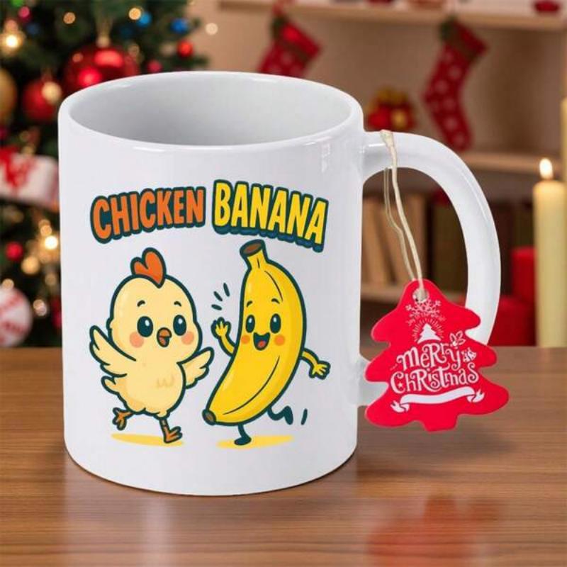 Tailorly White Ceramic 11 oz Mug - Chicken Banana Adorable Cartoon Chick And Fruit Character Dancing With Smiling Faces Banana