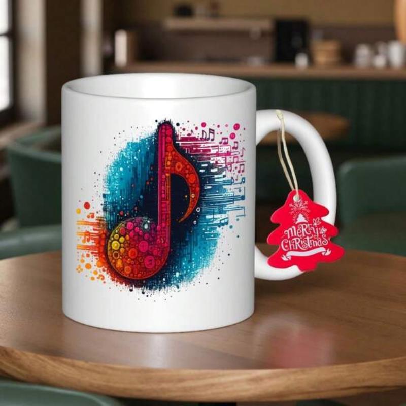 Tailorly White Ceramic 11 oz Mug - Merry Christmas Vibrant Abstract Watercolor Splatter Pattern Surrounding A Colorful Mosaic Patterned Note
